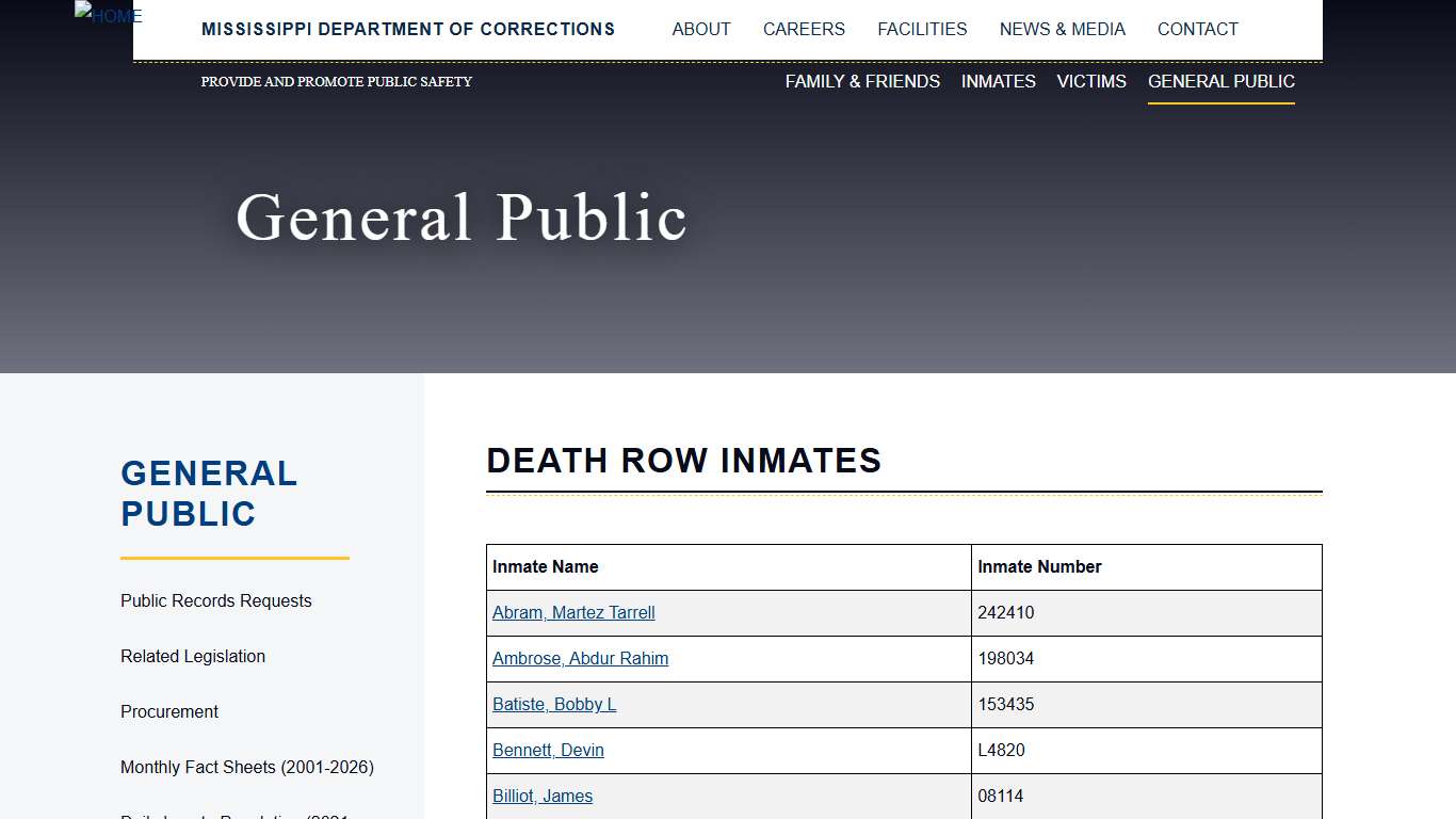Death Row Inmates Mississippi Department of Corrections